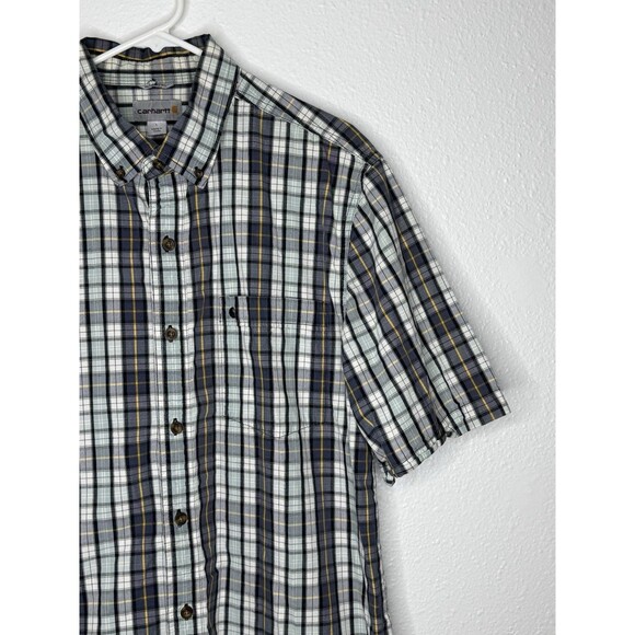 Carhartt Relaxed Fit Blue Grey Yellow Plaid Short Sleeve Button Shirt Men's L - Picture 3 of 16